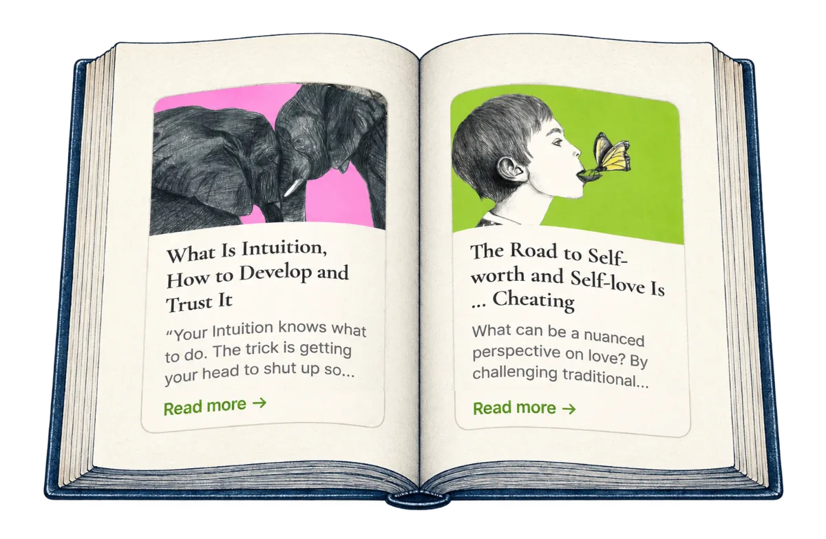 Open book showing I Grow Younger articles on intuition and self-love
