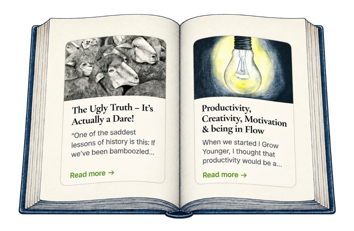 Open book showing I Grow Younger articles on the ugly truth and flow